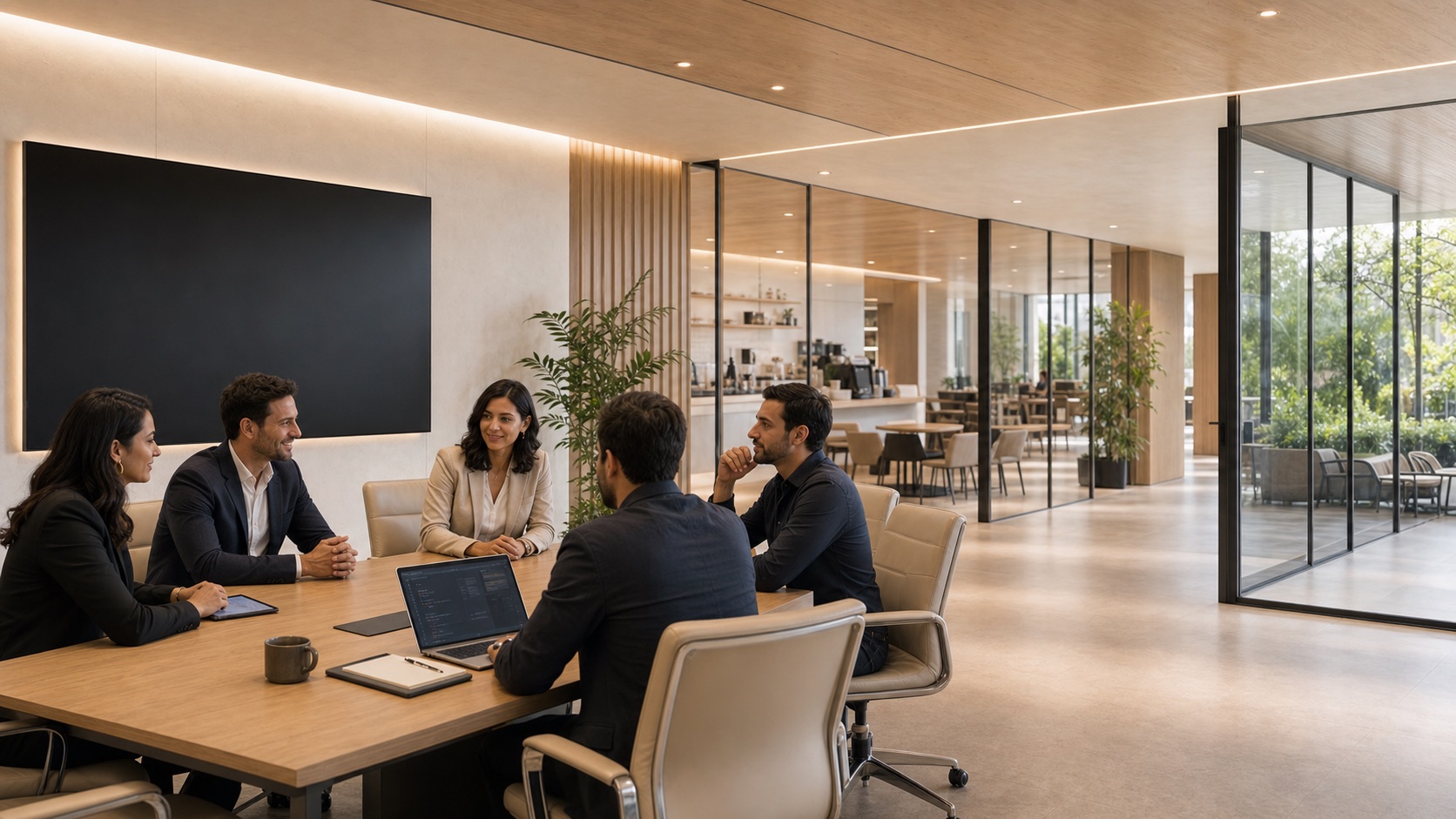 Deep Code team and clients reviewing a project in a meeting room